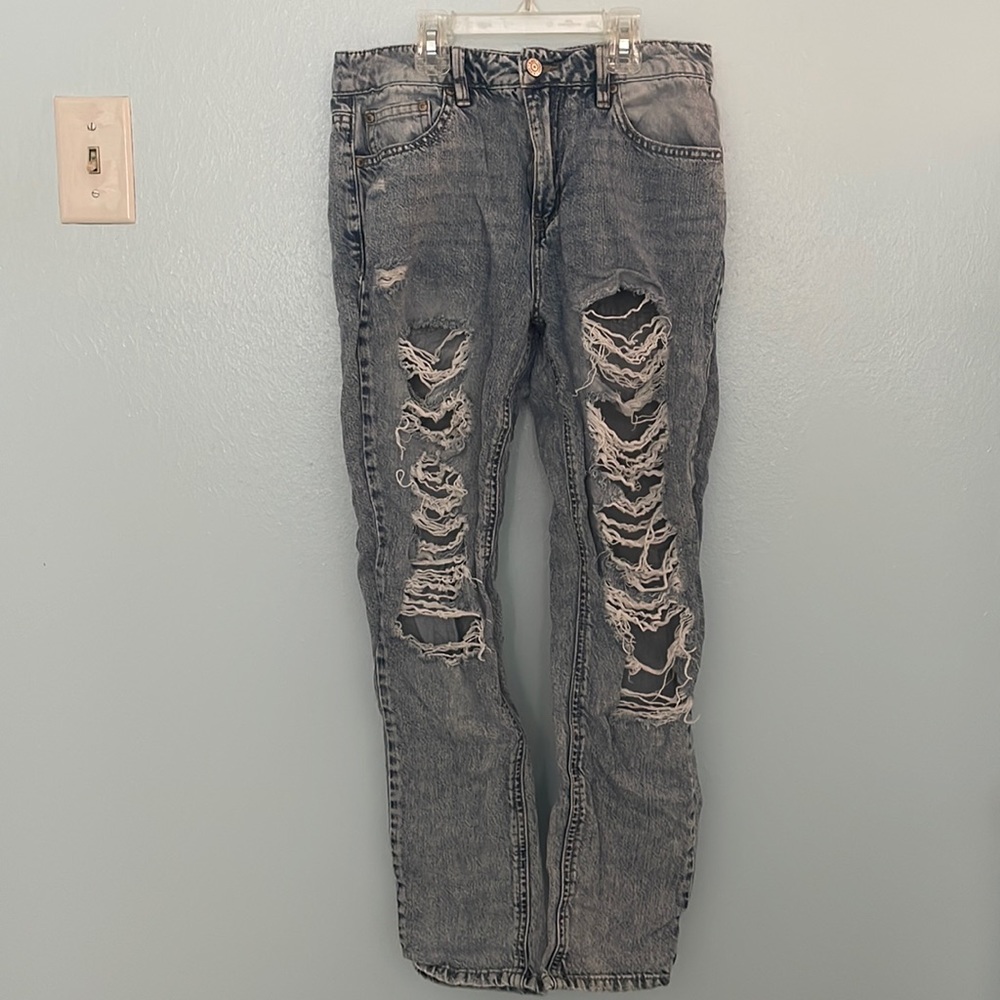 Acid wash distressed mom jeans